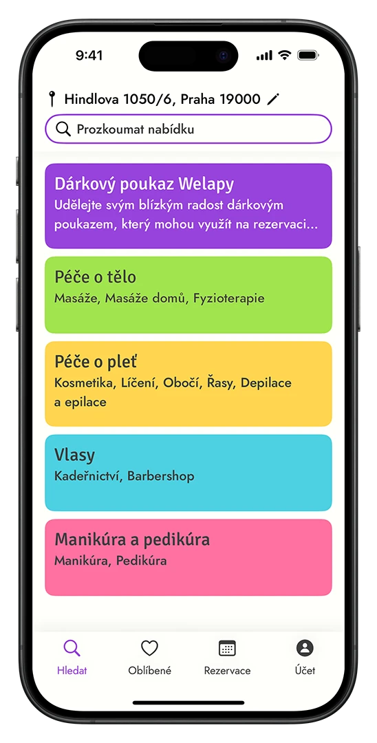 Výběr kategorie služeb v aplikaci Welapy